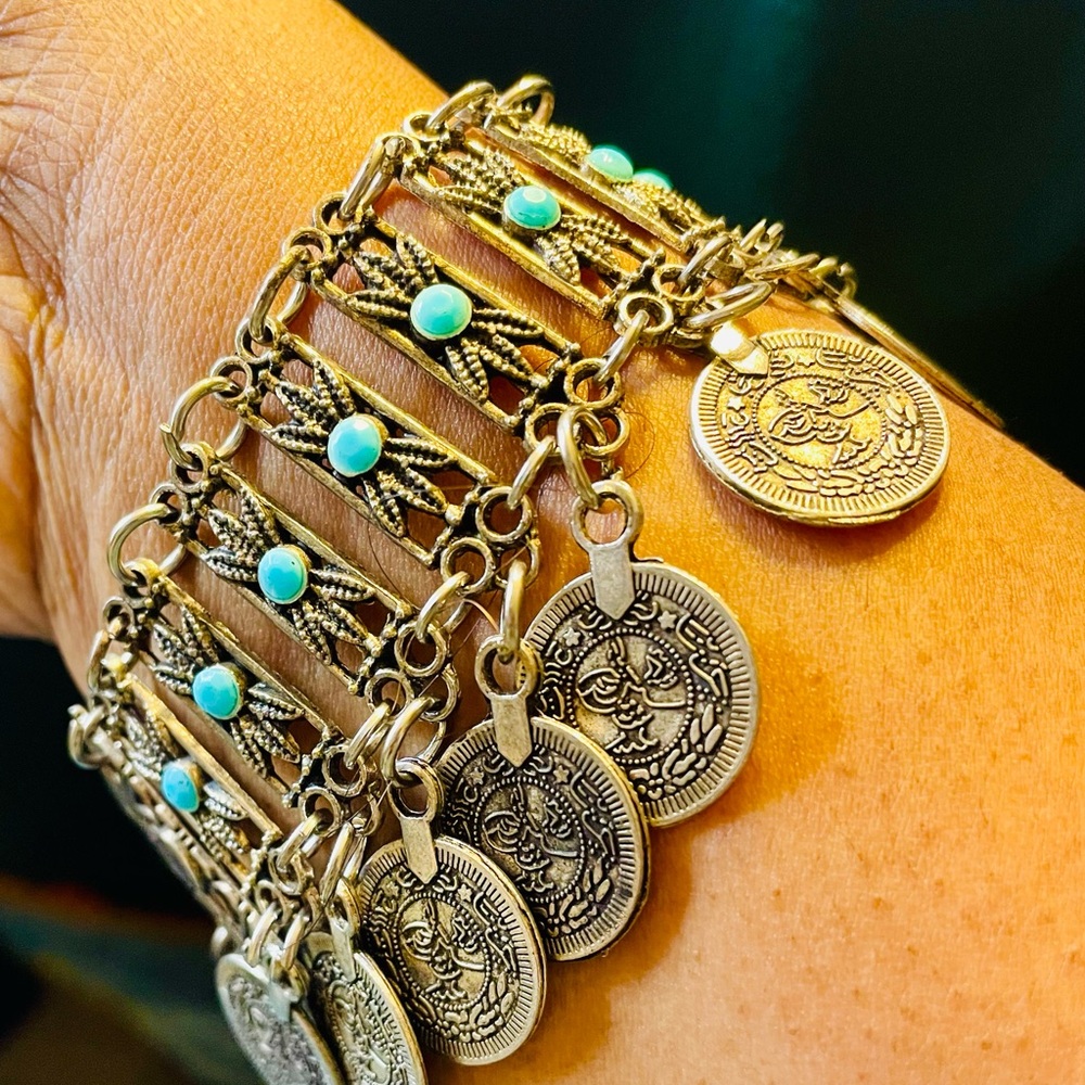 Bohemian Turquoise and Silver Tone Coin Bracelet. Tribal. 8 inch 3 1/2 extender